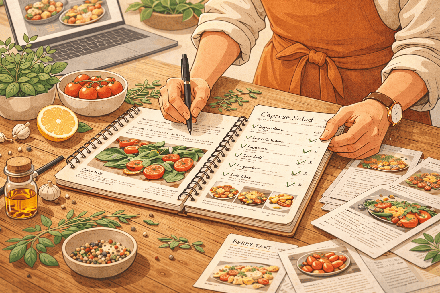 Sélection minutieuse des recettes dans un carnet de cuisine avec ingrédients frais